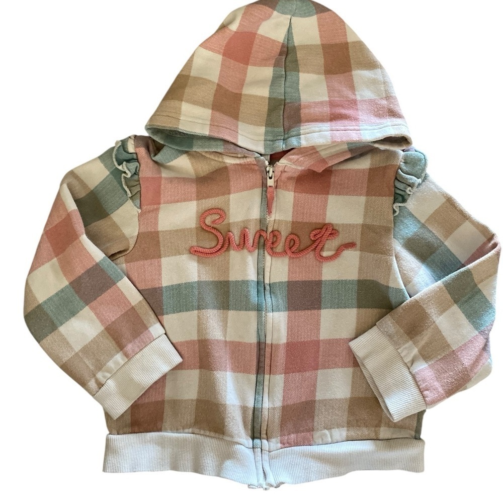 Little Me Adorable Buffalo Check SWEET Zip Up hoodie Pink Tan Green Fall Winter